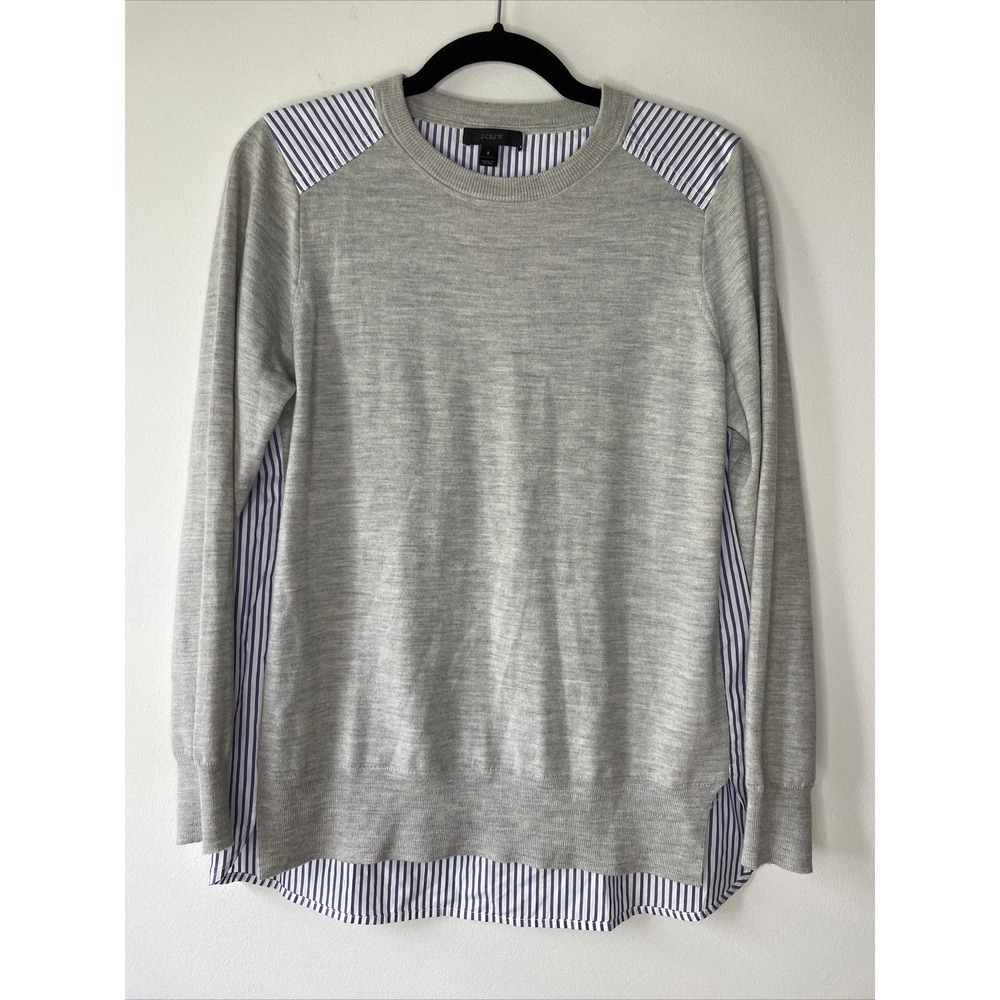 J.Crew Sweater Womens Small Gray Blue Striped Mixed Media Merino Wool Preppy